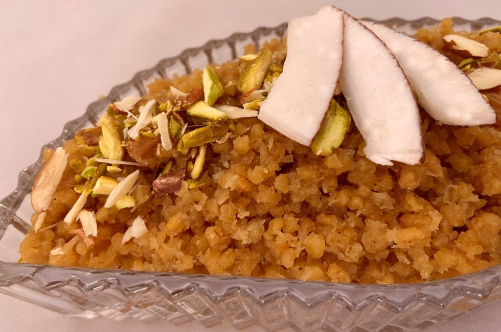 Coconut Flavored Lapsi Halwa (cracked wheat)