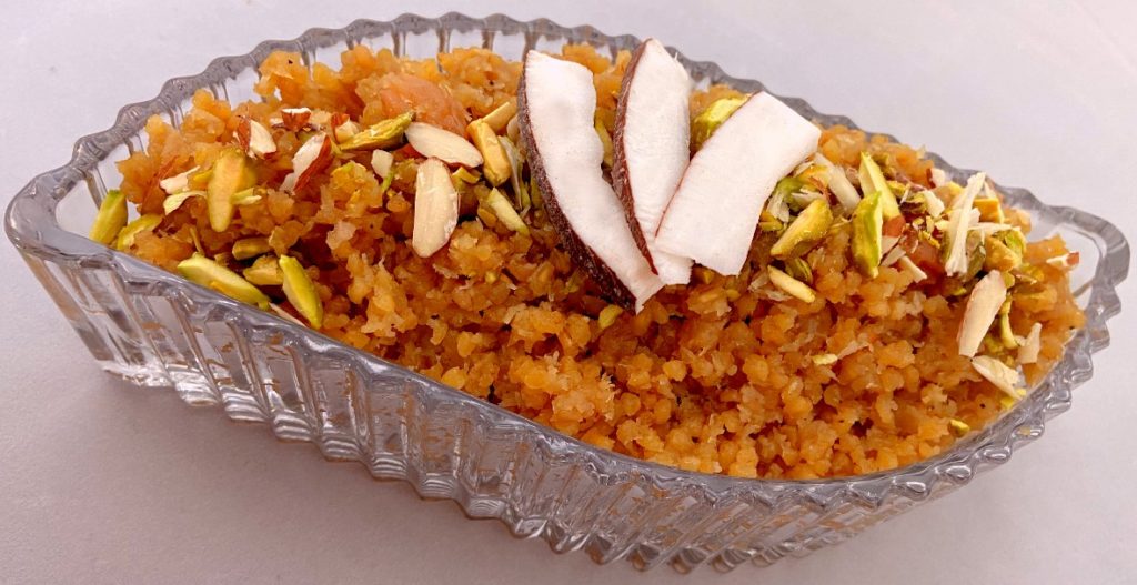 Coconut Flavored Lapsi Halwa (cracked wheat)